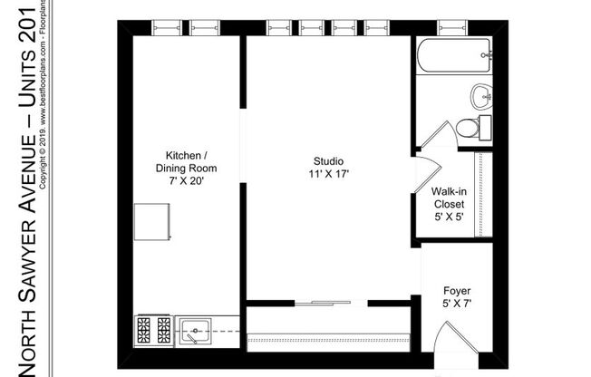Studio, 1 bath, 524 sqft, $1,450, Unit Sawyer-201