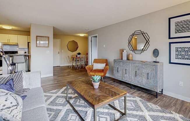 a living room with a couch and a coffee table