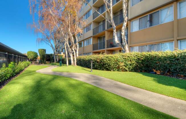 Apartments in Redwood City for Rent - Avenue Two - Dog Park with Green Grass, a Sidewalk, a fence, and Bushes at Avenue Two Apartments, California, 94063