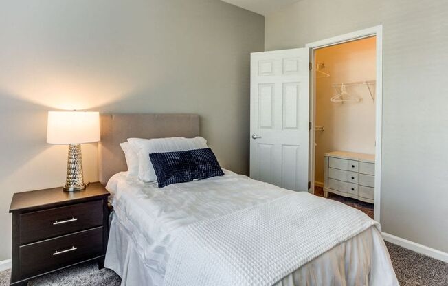 a bedroom with a bed and a closet