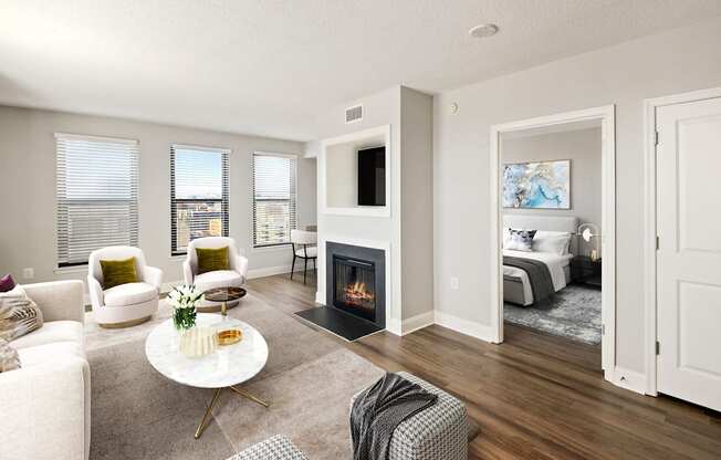 A living room with a fireplace and a couch