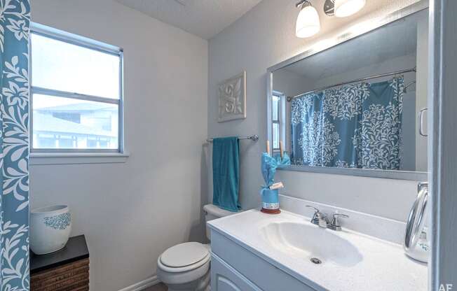 a bathroom with a toilet sink and mirror and a window