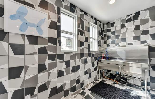Dog washing area with large pet tub, White/Gray Pattern Wall and Floor, Window and Rubber Floor Mat at Morgan Ranch Apartments, Morgan Hill, CA