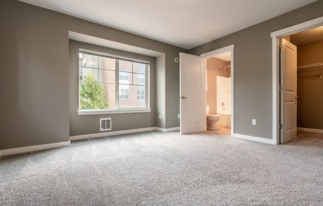 A room with a carpeted floor and a window.