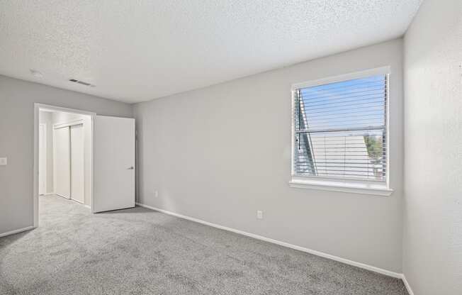 A room with a carpeted floor, a window with blinds, and a door leading to another room.