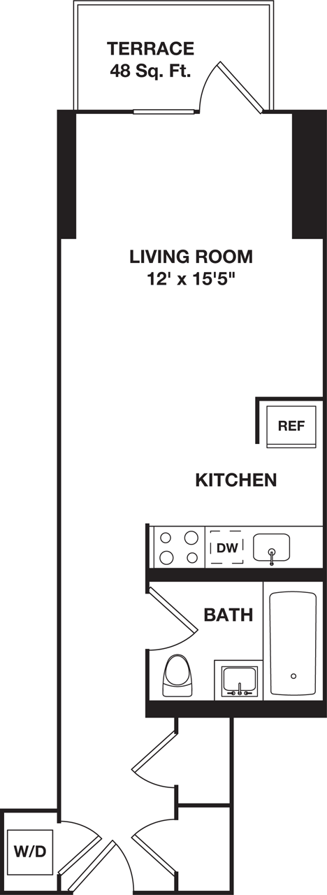 Studio, 1 bath, 493 sqft, $3,699