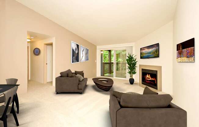 a living room with couches and a table and a fireplace