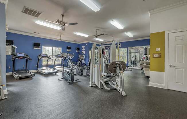 A spacious gym with a variety of equipment.