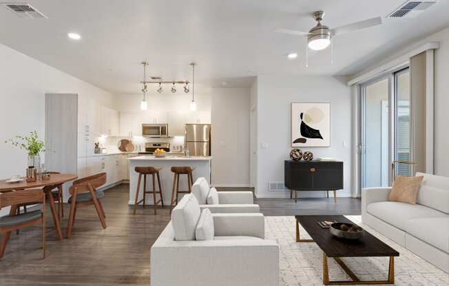 living space with kitchen and dining table