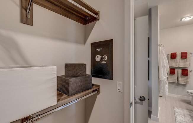 Lux Apartments Bellevue WA walk-in closet in the bathroom includes a built-in wall safe in all homes