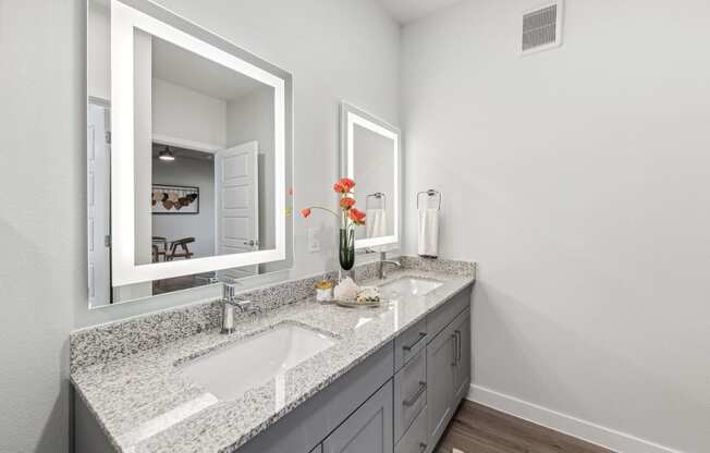 a bathroom with two sinks and a large mirror