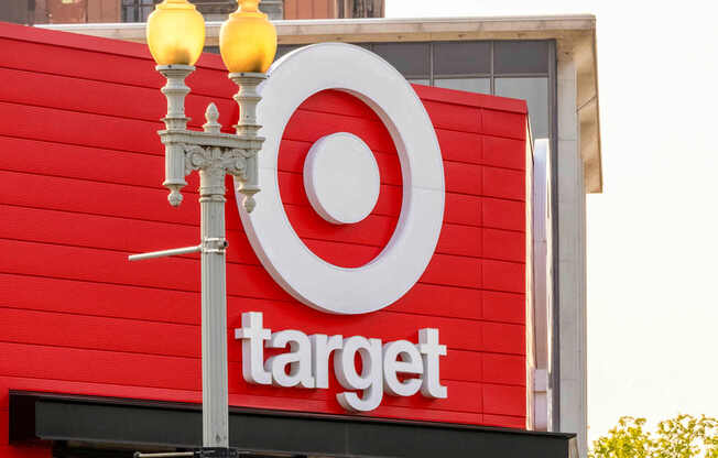 A Target store sign is displayed on a red building.
