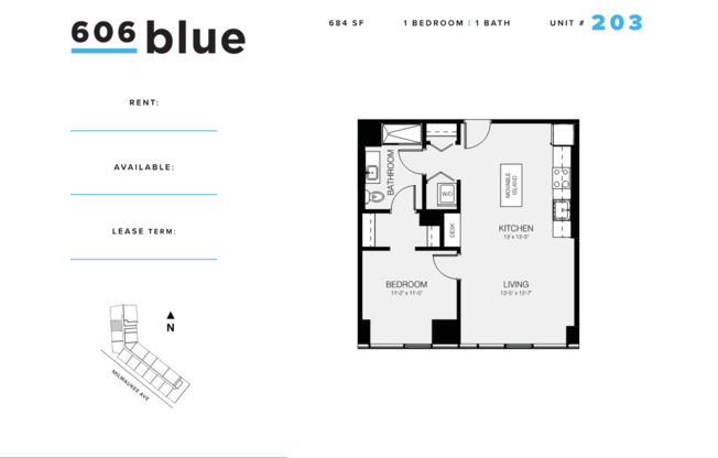 1 bed, 1 bath, 684 sqft, $2,850, Unit 203