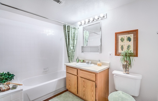 Las Vegas Apartments-Portola Del Sol Apartments Bathroom Mirror With Vanity Lighting And Tub With Square Tile