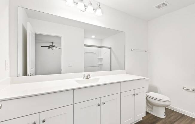 master bathroom with a large mirror and white cabnites