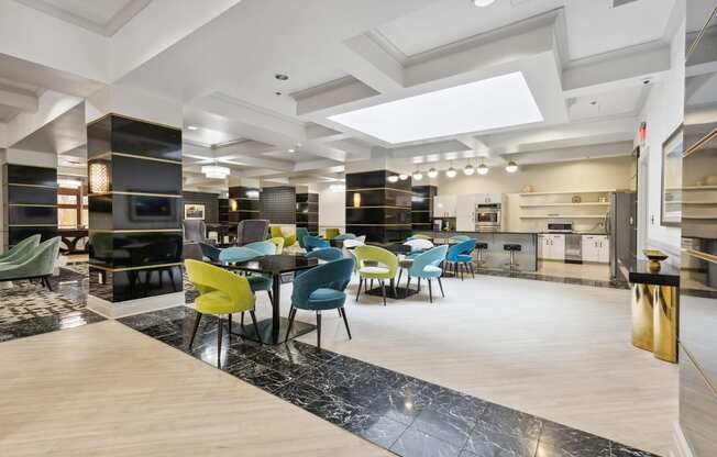 a look at the dining room at the flats at big tex apartments in san antonio