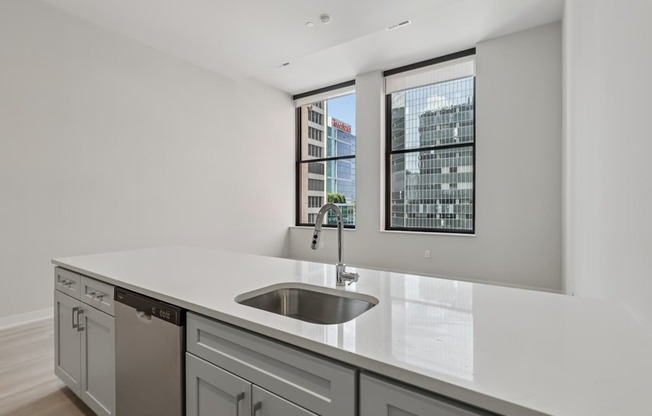 A modern kitchen with a stainless steel sink and a window overlooking a cityscape.