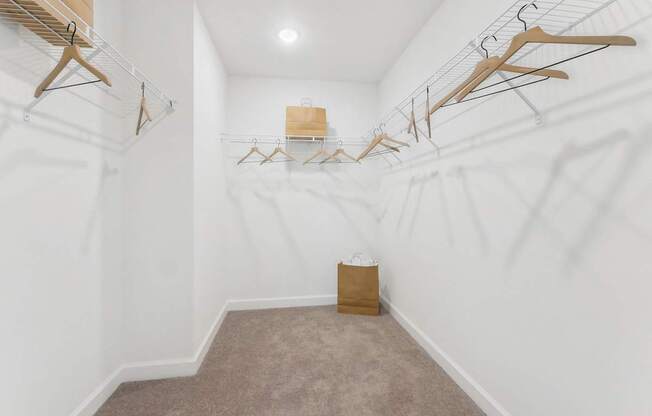 a room with white walls and a carpet and a closet with clothes hanging on racks