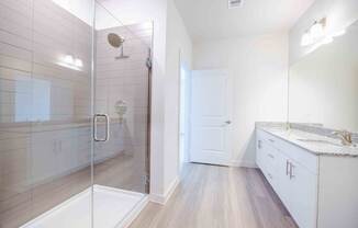 A bathroom with a walk-in shower and a sink.
