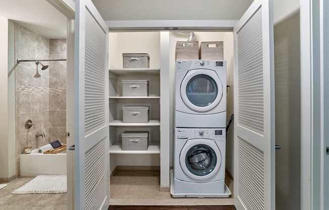 in unit washer and dryer with storage space  at Vermella Lyndhurst apartments, New Jersey, 07071