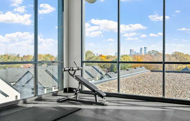the home gym has a view of the city from the windows