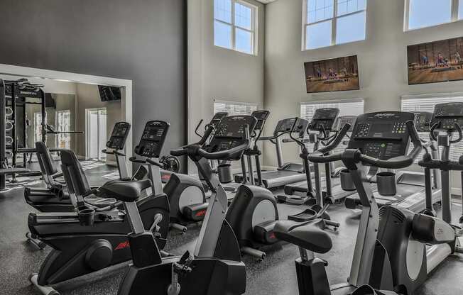A gym with a row of stationary bikes.