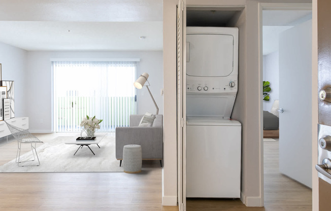 Living Room with Hard Surface Flooring and In-home Washer and Dryer