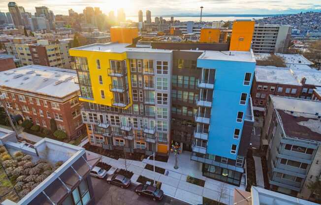 rooftop terrace with incredible views of the Seattle skyline, Mt. Rainier, and Lake Union