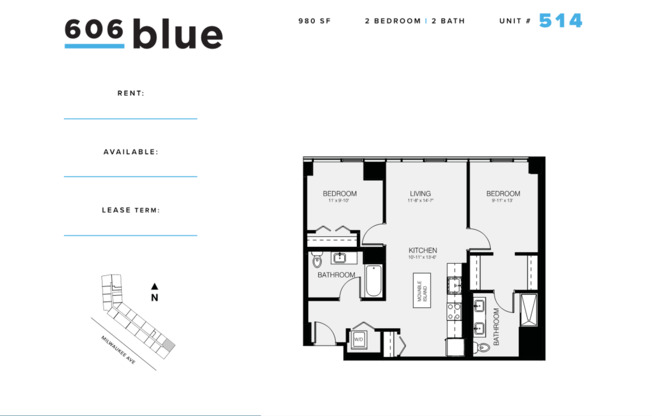 2 beds, 2 baths, 980 sqft, $3,750, Unit 514