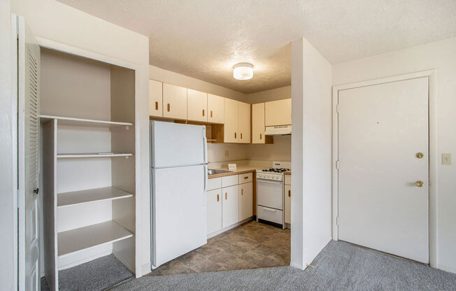 a studio kitchen with storage