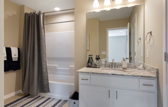 Bathroom shower tub and vanity at The Liberty Apartments in Golden Valley, MN