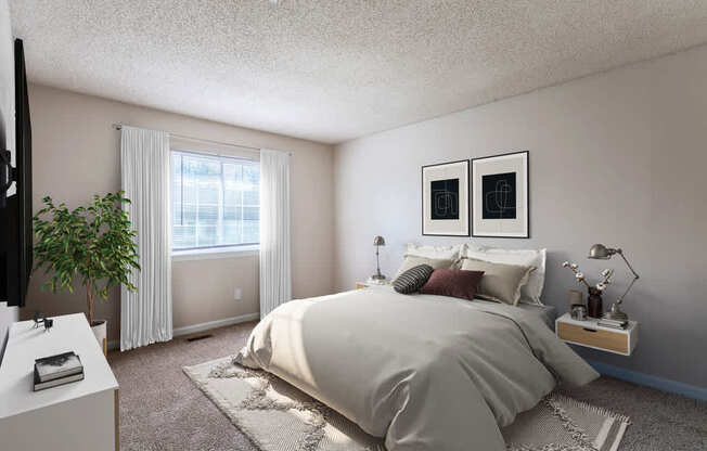 Comfortable bedroom with large windows at Hickory Lake Apartments – budget-friendly rentals in Antioch, TN perfect for every lifestyle.