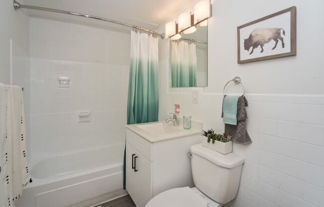 Bright bathroom with tub and vanity storage