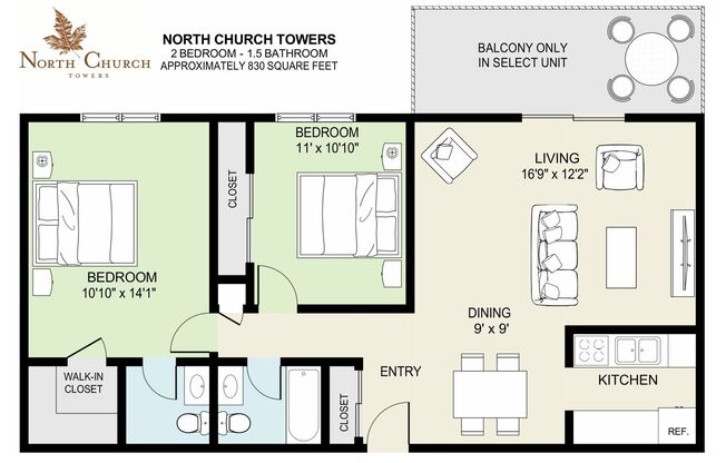 2 beds, 1.5 baths, 830 sqft, $1,200, Unit 1-113