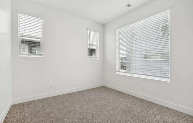 A room with carpeted floor and two windows with blinds.