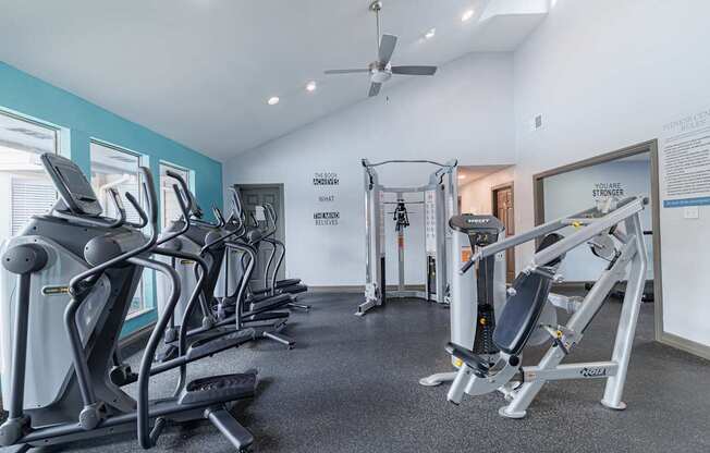 A gym with a variety of equipment including treadmills, weights, and a bench press.