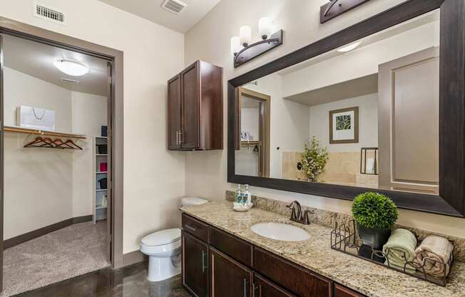 A bathroom with a white toilet and a brown cabinet.