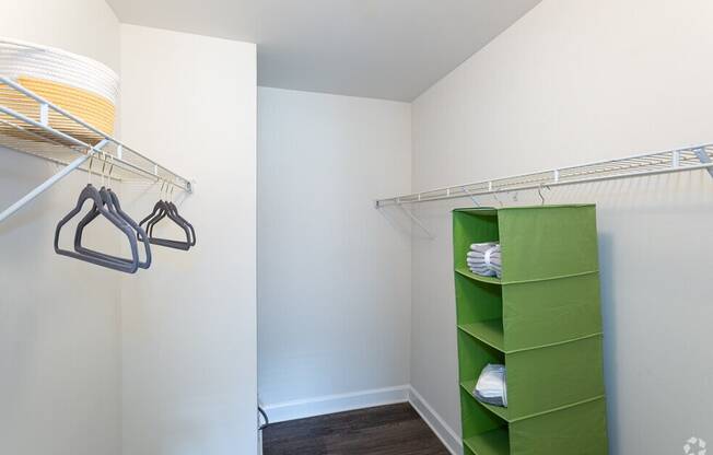 a walk in closet with green shelves and a rack with hangers