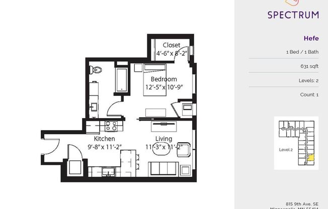 1 bed, 1 bath, 631 sqft, $1,575, Unit 222