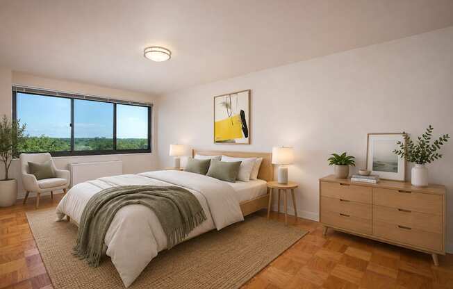 A bedroom with a large bed, a chair, a nightstand, and a window overlooking the ocean.