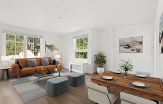 a living room with a couch and a table and chairs