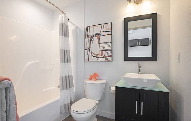 a bathroom with a toilet sink and mirror and a shower