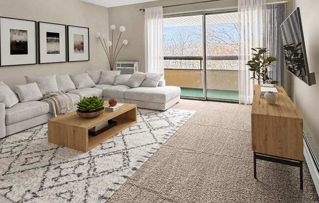 A living room with a white couch, a wooden coffee table, and a flat screen TV mounted on the wall.