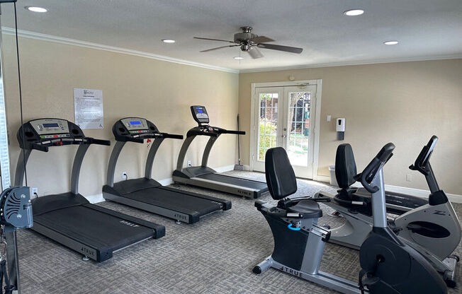A gym with treadmills and elliptical machines.