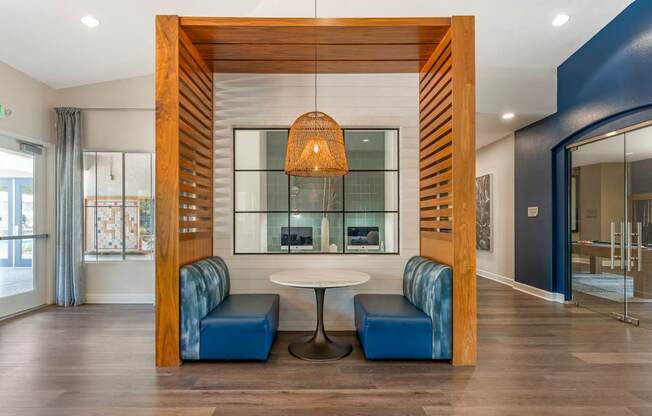 The clubhouse includes a cozy sitting area where neighbors and friends can gather to relax and enjoy each other’s company at Ascent at the Galleria.