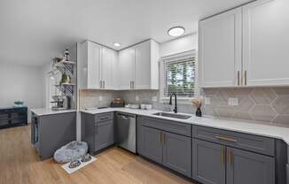 A modern kitchen with a sink, stove, and cabinets.