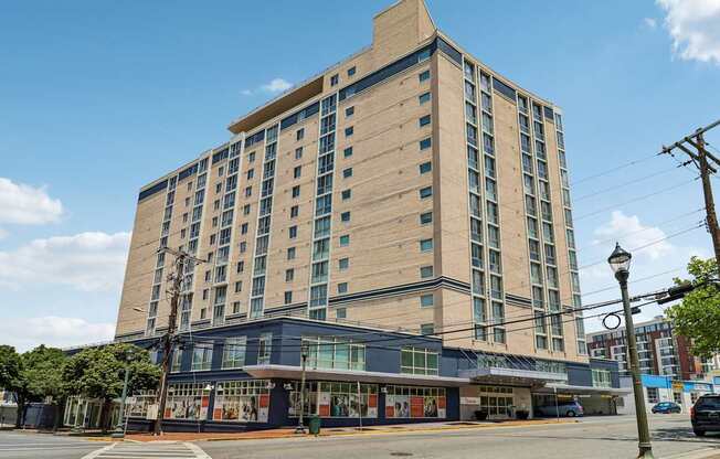 A large building with a flat roof and a lot of windows.