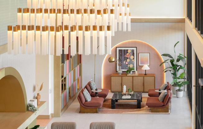 Statement lighting and desert-inspired design welcome you home at Modera Rio Salado in Tempe.