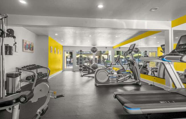 A gym with treadmills, exercise bikes, and other equipment.