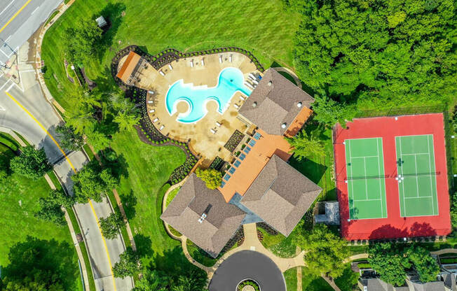 Aerial view of pool and tennis courts at 15Seventy, Chesterfield, MO 63017